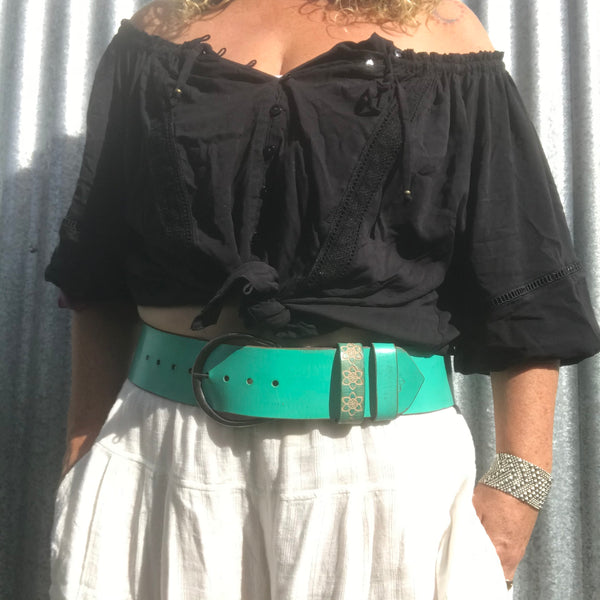 'Hippi' Wide Belt Mint Custom Handmade Hand Painted Distressed Leather Stamped Flower Belt with Antique Buckle