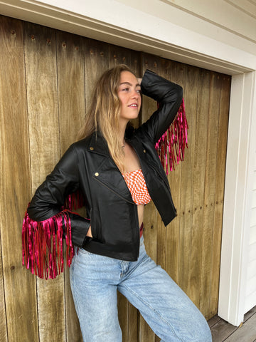 SALE Metallic BLACK Pink Fringe Jacket Medium