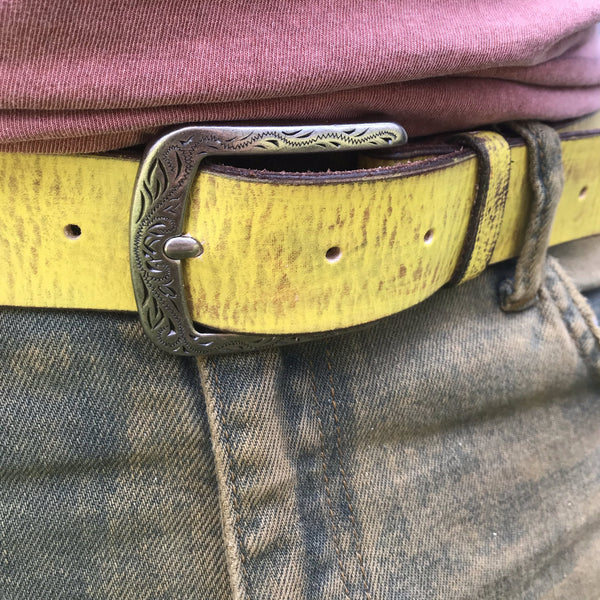 Mens + Womens Distressed Leather Daffodil Yellow 'Funki' Painted Belt
