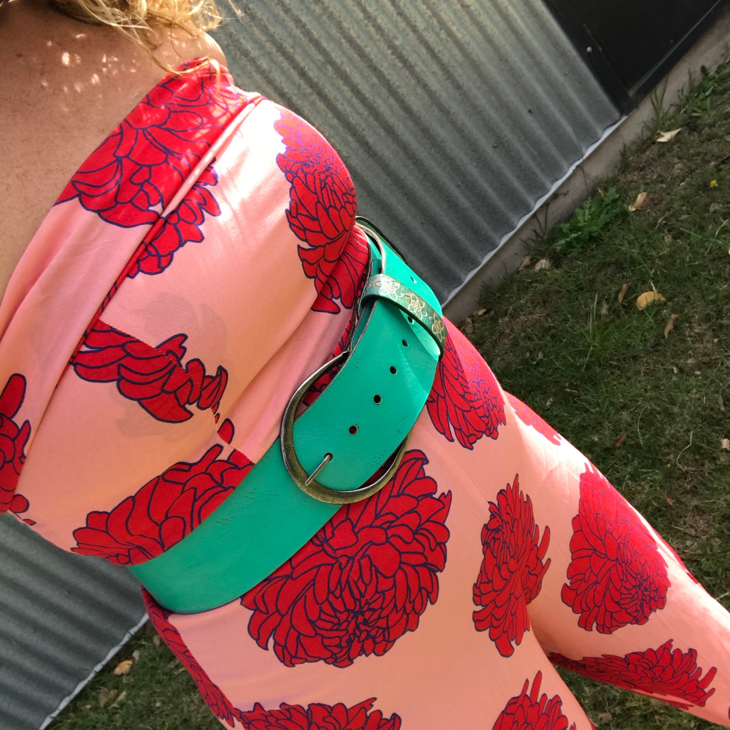 'Hippi' Wide Belt Mint Custom Handmade Hand Painted Distressed Leather Stamped Flower Belt with Antique Buckle