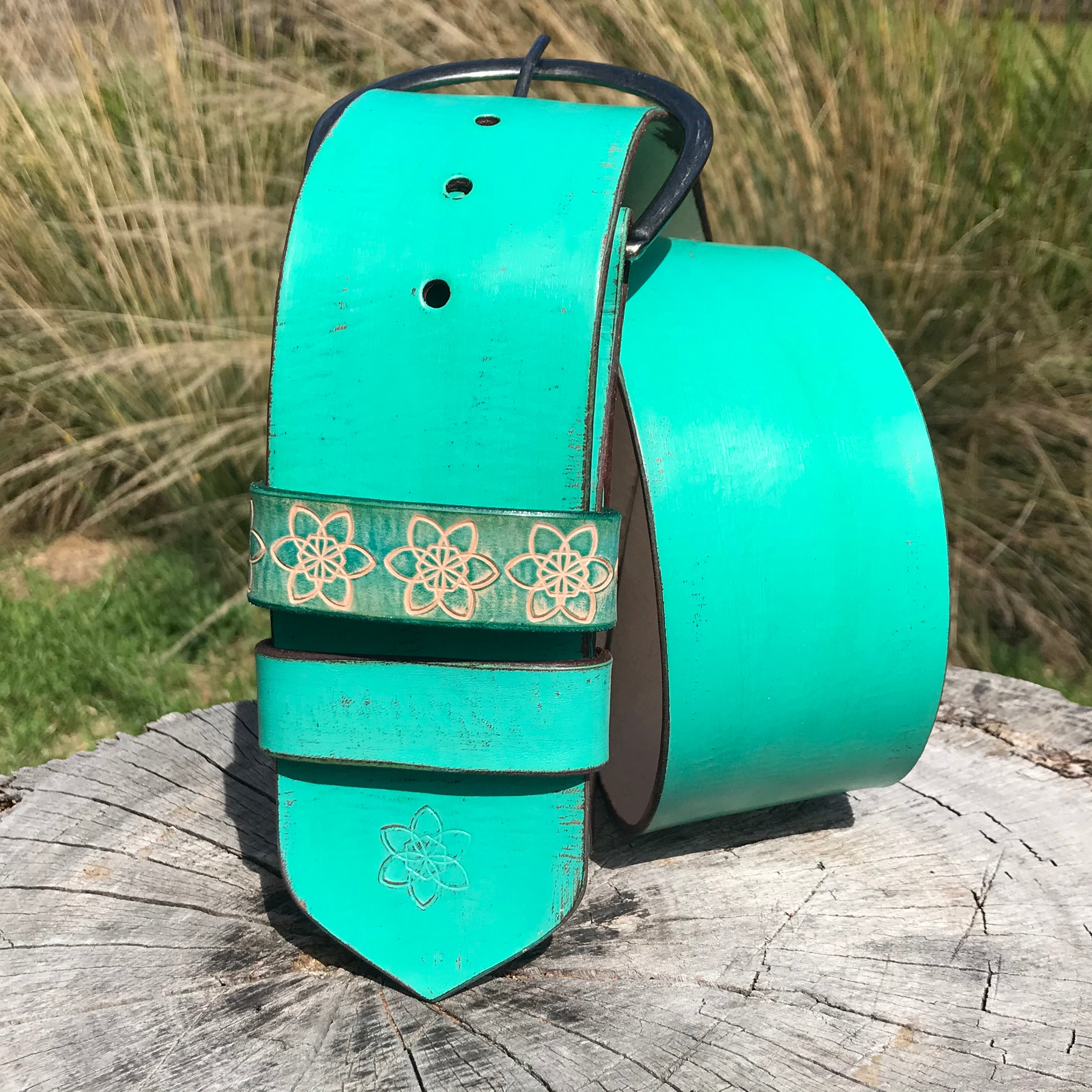 'Hippi' Wide Belt Mint Custom Handmade Hand Painted Distressed Leather Stamped Flower Belt with Antique Buckle