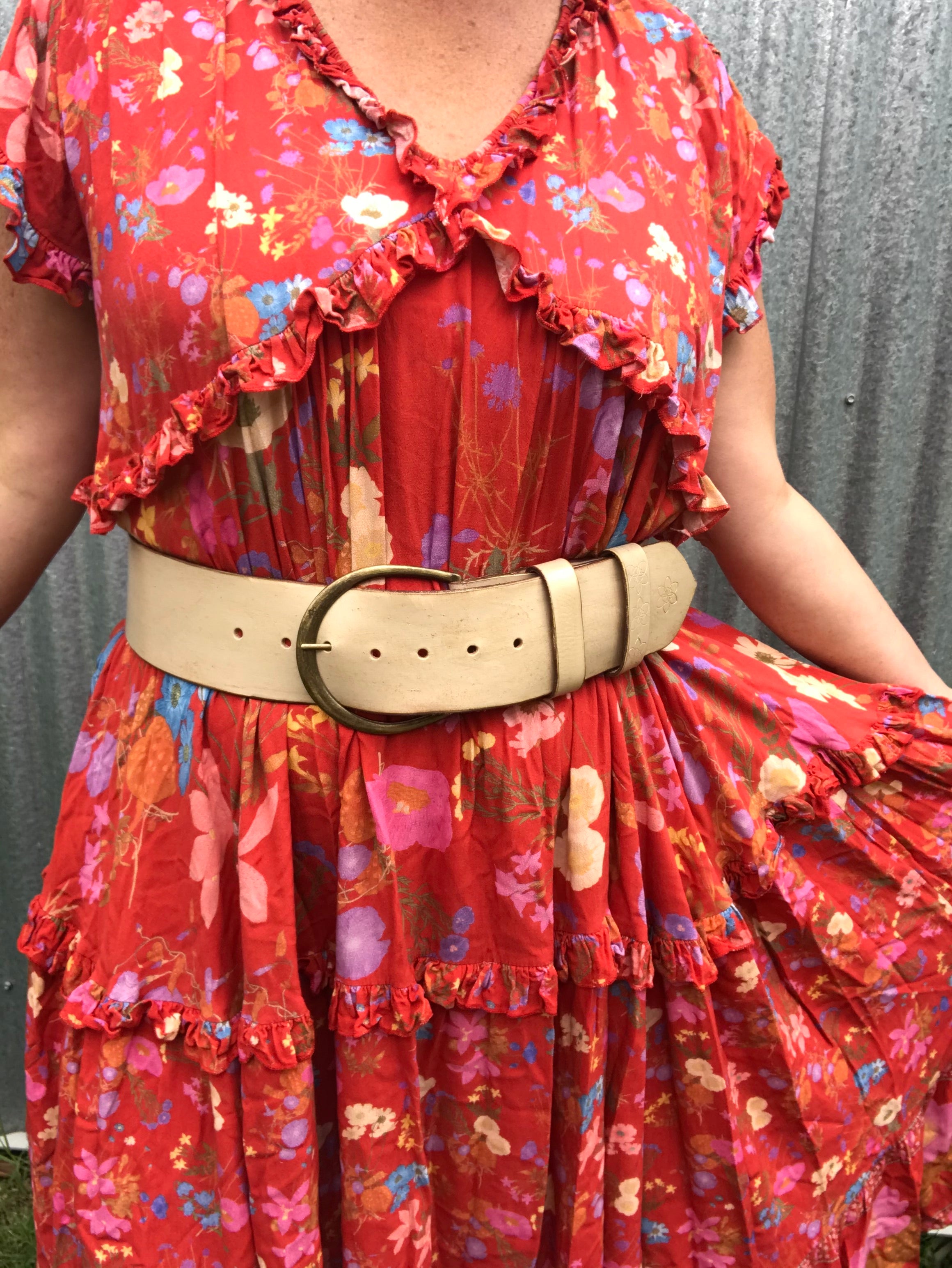 Hippi' Wide Belt Champagne Cream Natural Painted Distressed Leather