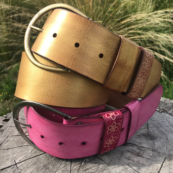 Hippi Wide Belt Gold Custom Handmade Painted Distressed Leather Embossed
