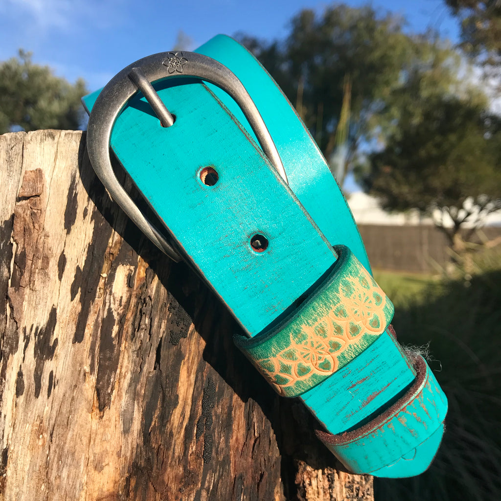Mens + Women's Distressed Leather Turquoise 'Funki' Belt