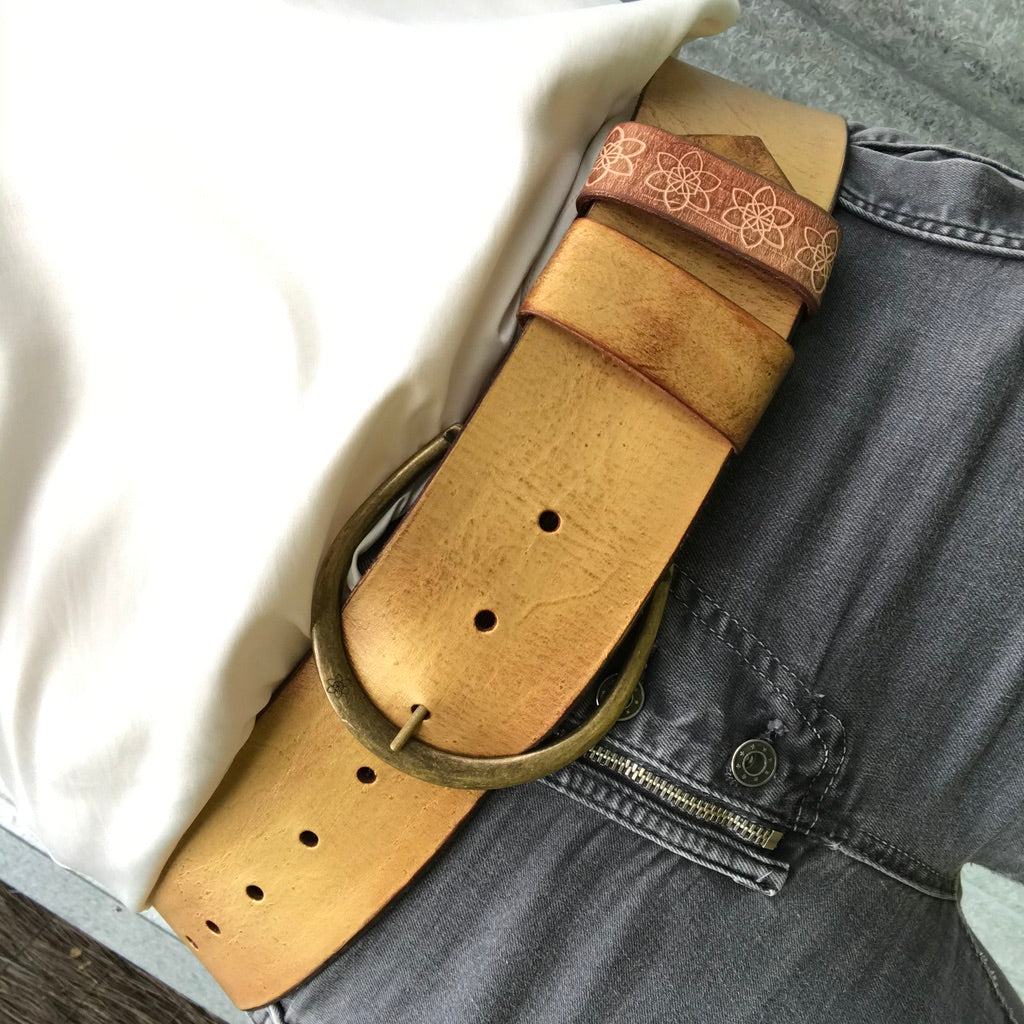 Hippi Wide Belt Gold Custom Handmade Painted Distressed Leather Embossed
