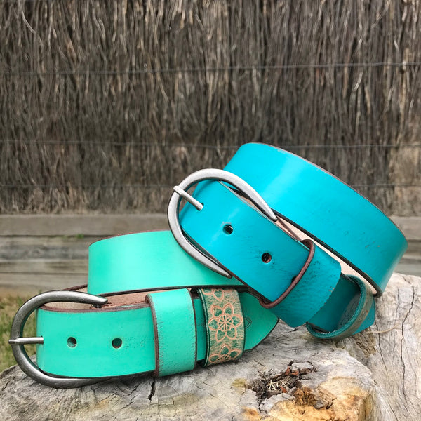 Distressed Leather 'Funki'  Belt MINT Green Turquoise Leather Embossed