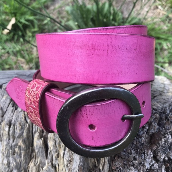 Boho Vintage Style 'Funki' Belt in RASPBERRY Hot Pink Neon Candy Blush Custom Handmade Hand Painted Distressed Leather Stamped Embossed Flower Belt with Antique Buckle
