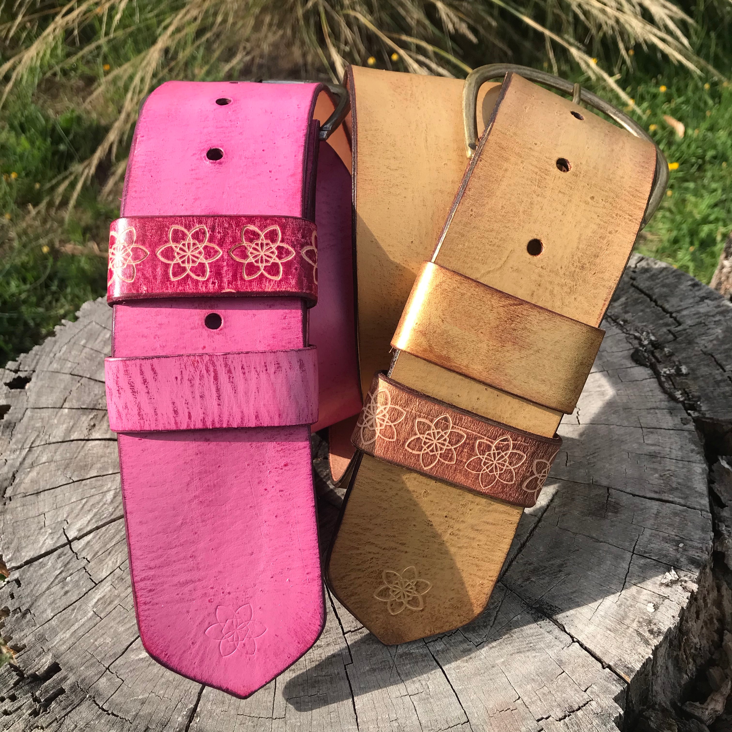 'Hippi' Wide Belt RASPBERRY Hot Pink Bright Bold Candy Colour Custom Handmade Hand Painted Distressed Leather Stamped Flower Belt with Antique Buckle