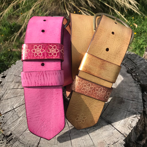 'Hippi' Wide Belt RASPBERRY Hot Pink Bright Bold Candy Colour Custom Handmade Hand Painted Distressed Leather Stamped Flower Belt with Antique Buckle