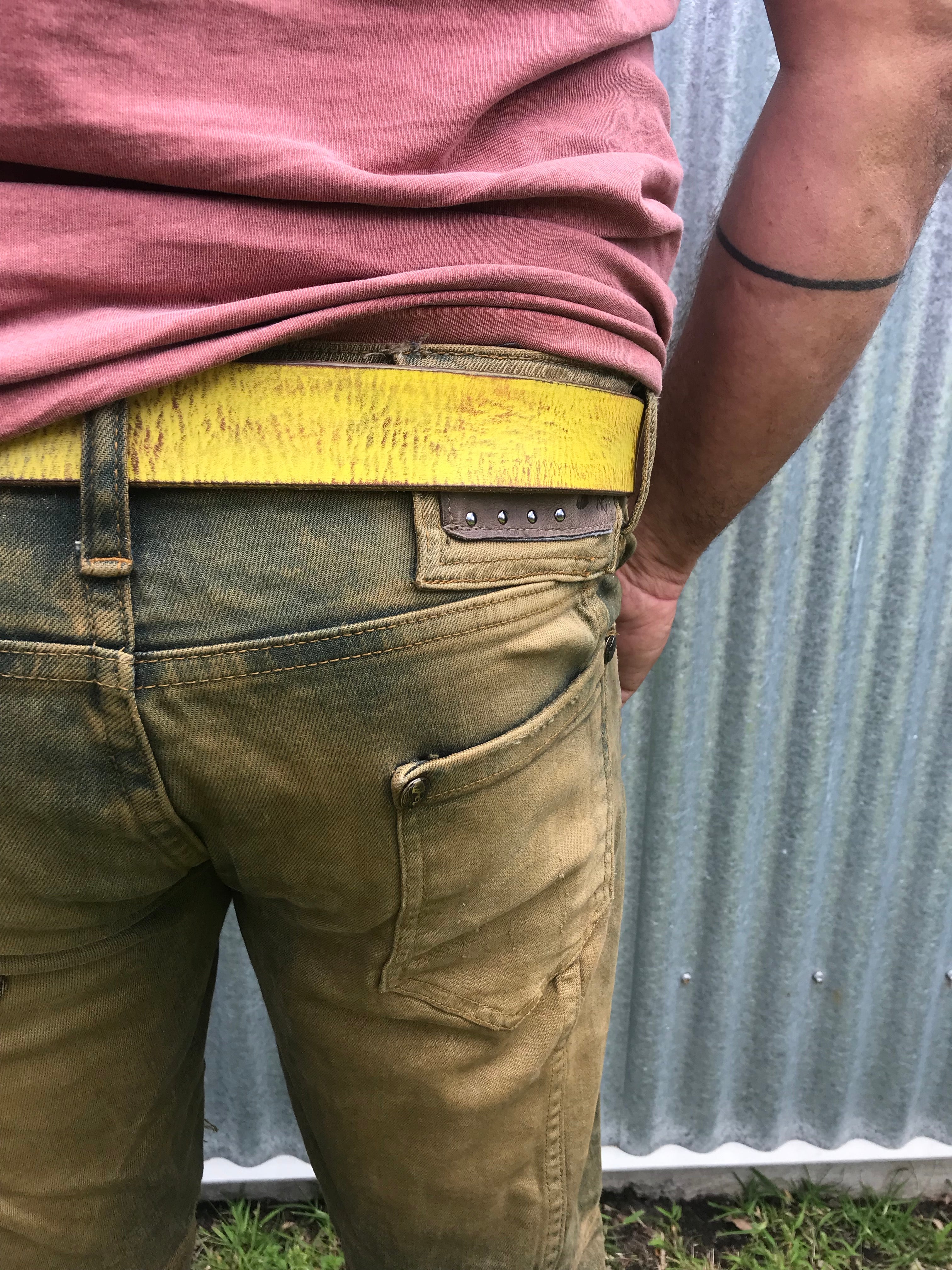 Mens + Womens Distressed Leather Daffodil Yellow 'Funki' Painted Belt