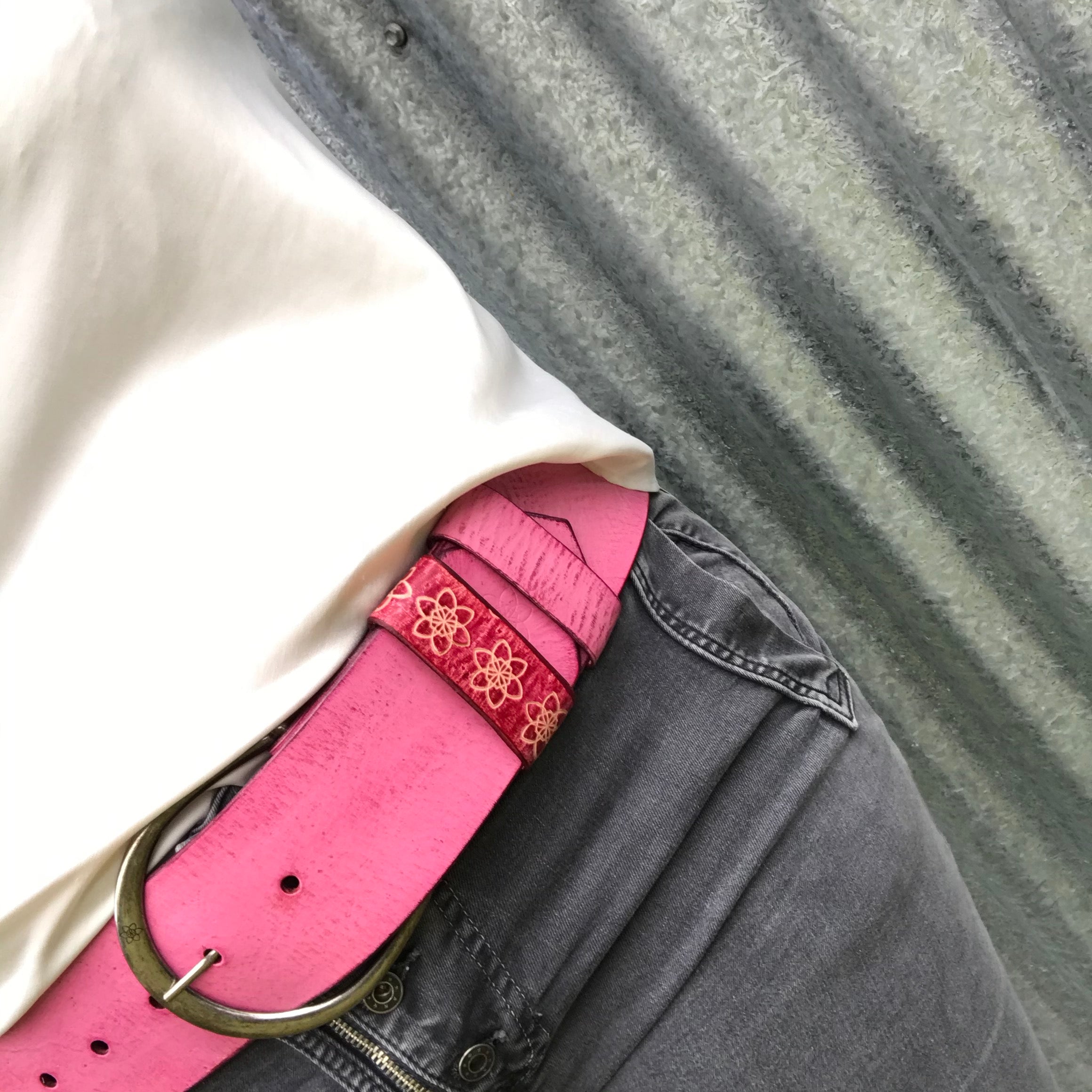 'Hippi' Wide Belt RASPBERRY Hot Pink Bright Bold Candy Colour Custom Handmade Hand Painted Distressed Leather Stamped Flower Belt with Antique Buckle