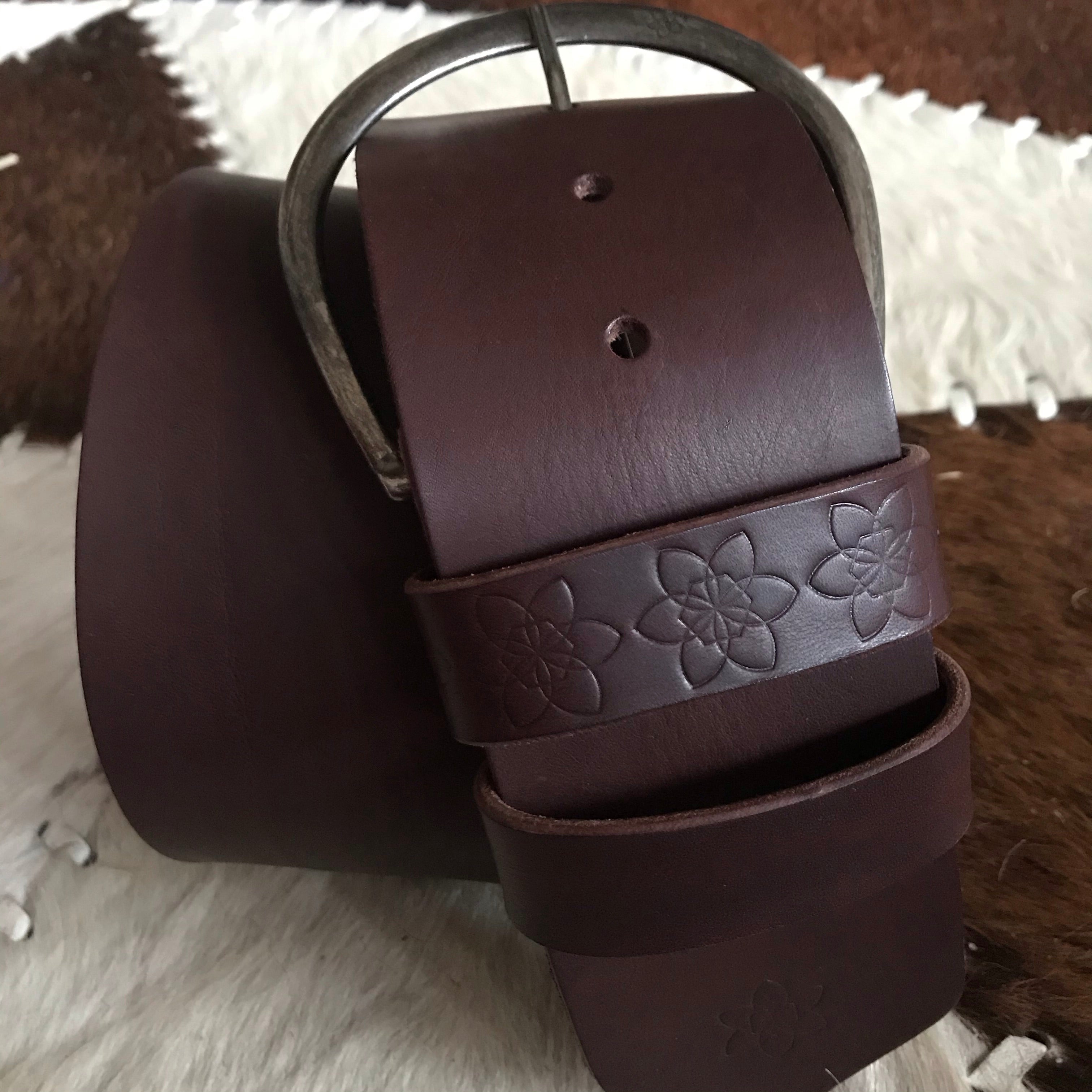 hippy dark brown leather wide belt 'Hippi' Wide Belt Mint Custom Handmade Hand Painted Distressed Leather Stamped Flower Belt with Antique Buckle'Hippi' Wide Belt Mint Custom Handmade Hand Painted Distressed Leather Stamped Flower Belt with Antique Buckle