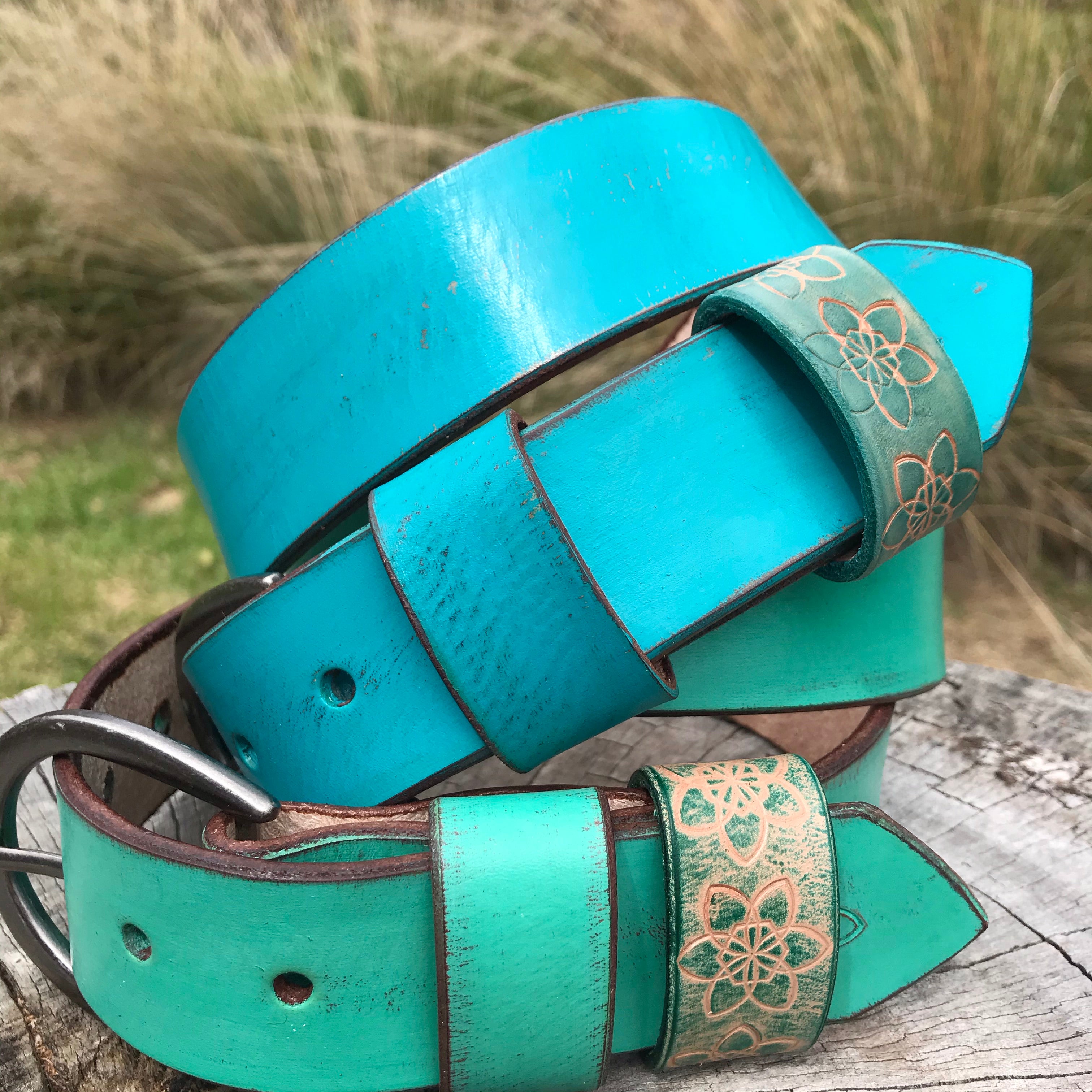 Mens + Women's Distressed Leather Teal/Turquoise 'Funki' Belt Custom