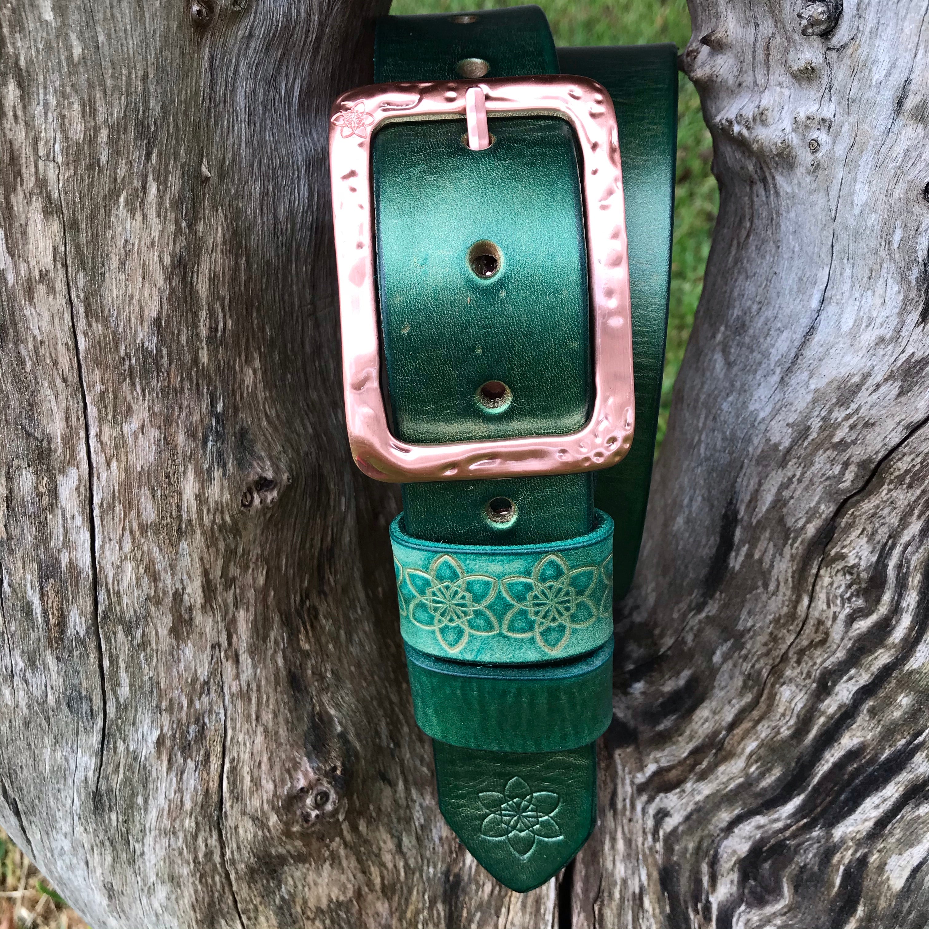 Mens + Womens Distressed Leather Rivendell Metallic Green  'Funki' Belt