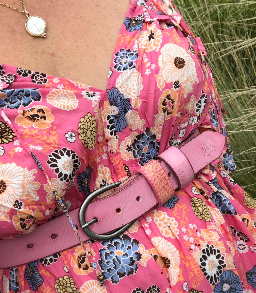 Womens Distressed Leather Musk Pink Rose Funki Belt Embossed Flower