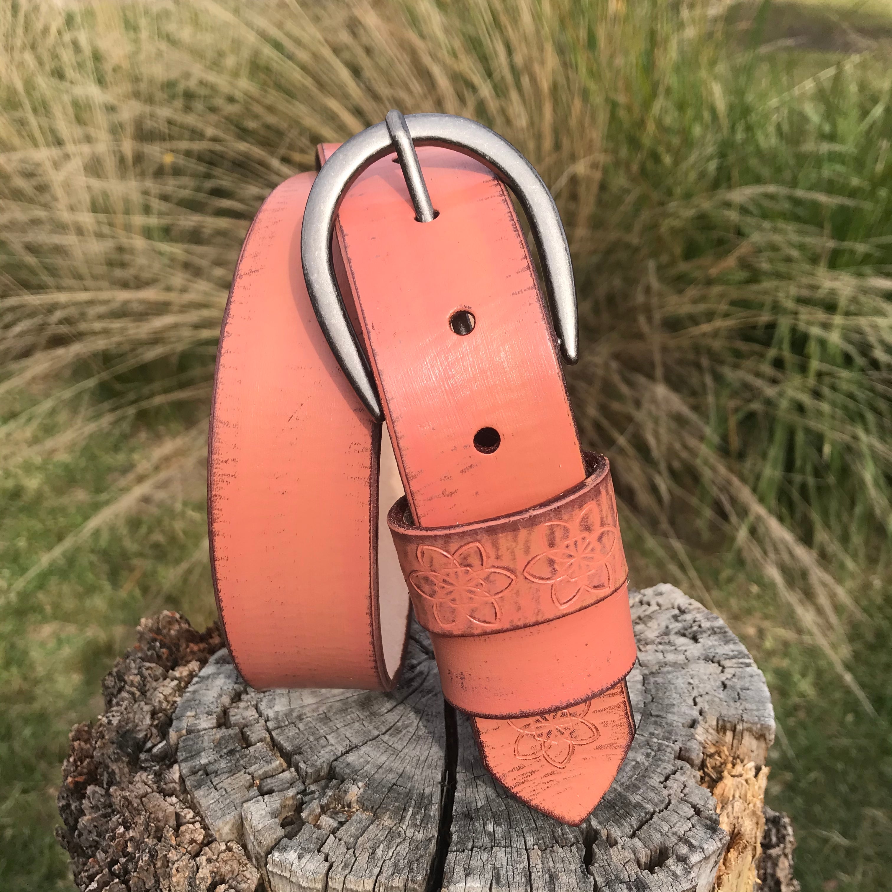 Boho Vintage Style 'Funki' Belt in Peach Apricot Blush Orange Pink Custom Handmade Hand Painted Distressed Leather Stamped Embossed Flower Belt with Antique Buckle