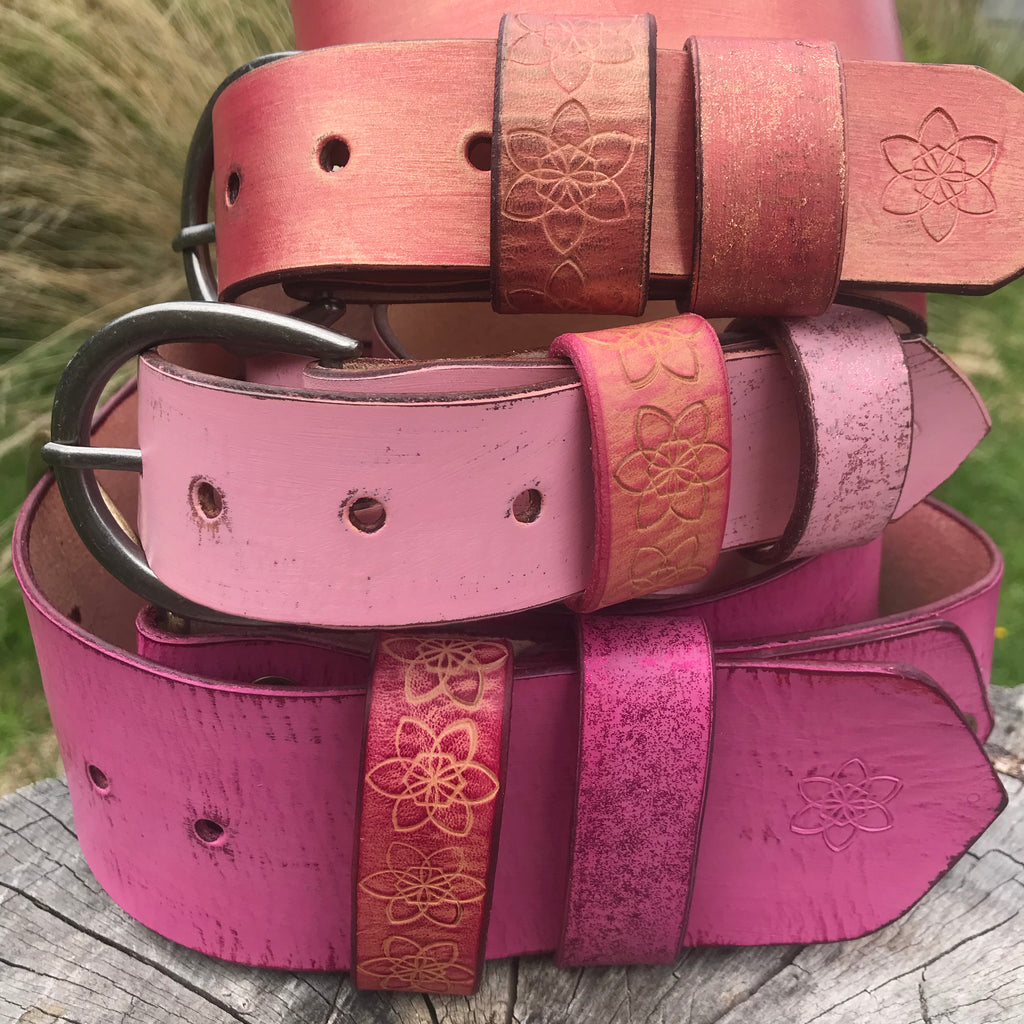 Womens Distressed Leather Musk Pink Rose Funki Belt Embossed Flower