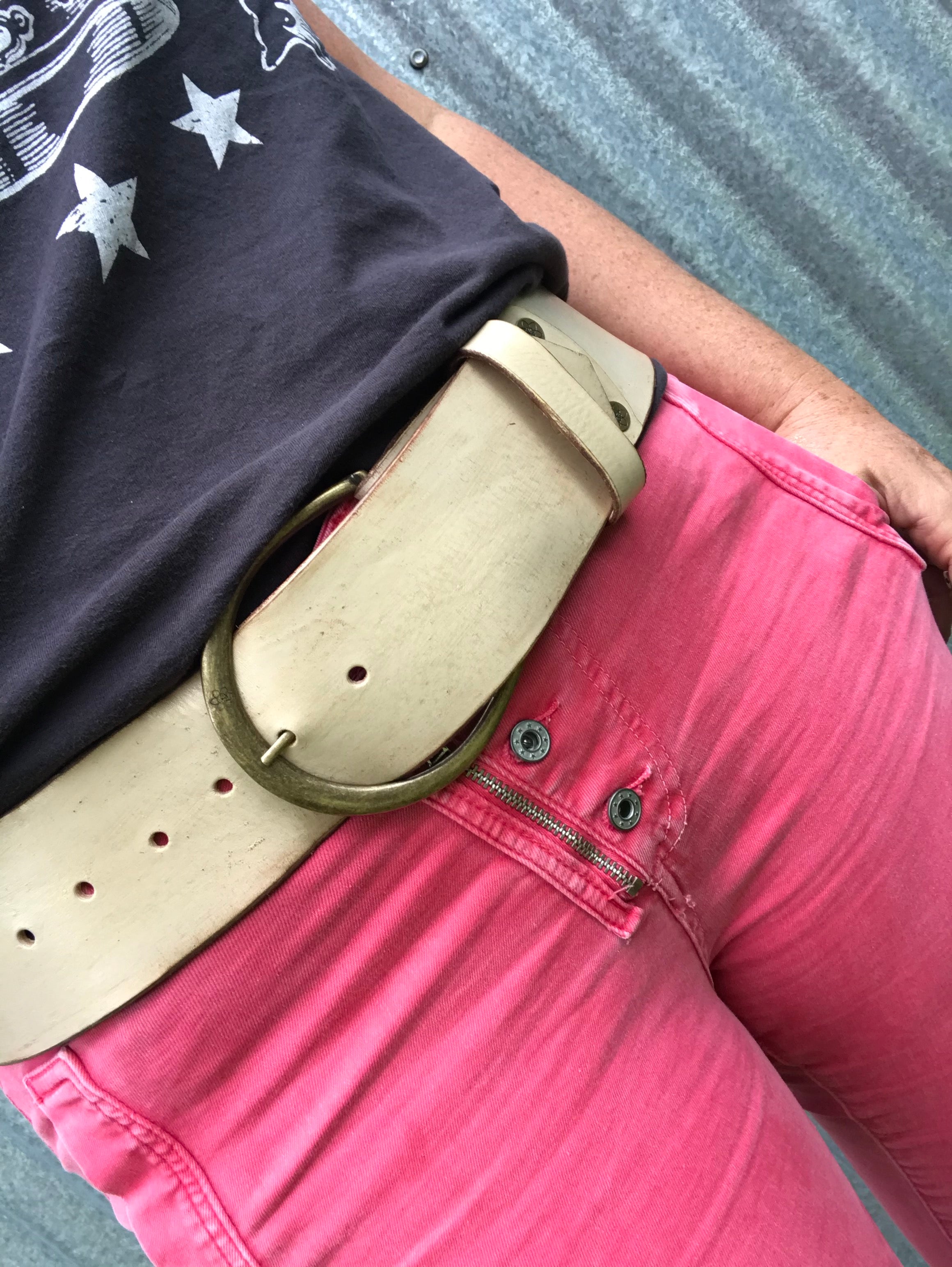 Hippi' Wide Belt Champagne Cream Natural Painted Distressed Leather