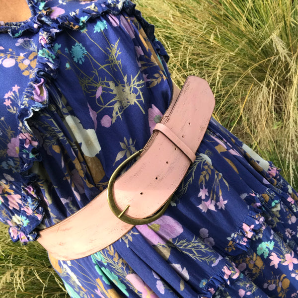'Hippi' Wide Belt MUSK Pink Rose Blush Custom Handmade Hand Painted Distressed Leather Stamped Flower Belt with Antique Buckle