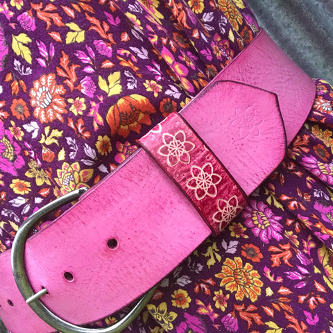 'Hippi' Wide Belt RASPBERRY Hot Pink Bright Bold Candy Colour Custom Handmade Hand Painted Distressed Leather Stamped Flower Belt with Antique Buckle